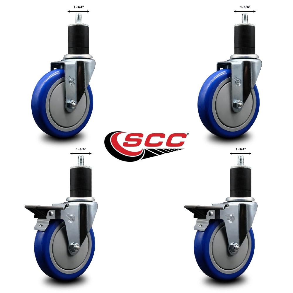 Polyurethane Swivel Expanding Stem Caster Set of 4 with 5 Inch Blue Wheels and 1-3/4