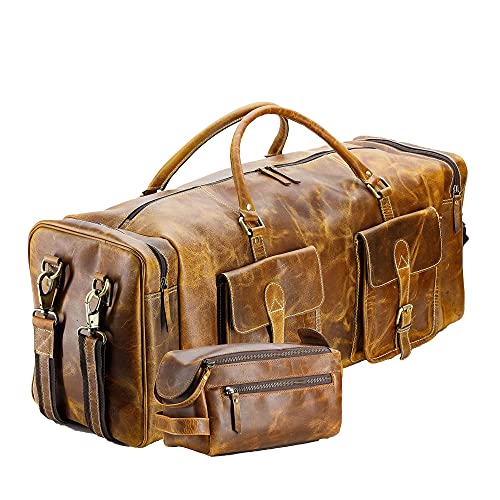 Leather Unisex Toiletry Bag Travel Dopp Kit and leather 28 inch overnight weekend duffle bag for Men and Women Combo Pack
