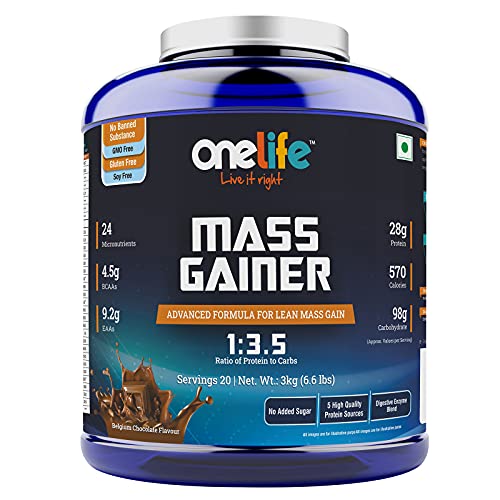 Onelife Mass Gainer – Complex Carbs To Protein Blend (1:3.5), 28g Protein, 570 Calories, BCAA, L-Glutamine, Creatine, MCT & Digestive Enzymes, No Added Sugar, Lean Mass Gain – 3kg Swiss Chocolate Flavour Onelife Mass Gainer – Complex Carbs To Protein Blend (1:3.5), 28g Protein, 570 Calories, BCAA, L-Glutamine, Creatine, MCT & Digestive Enzymes, No Added Sugar, Lean Mass Gain – 3kg Swiss Chocolate Flavour