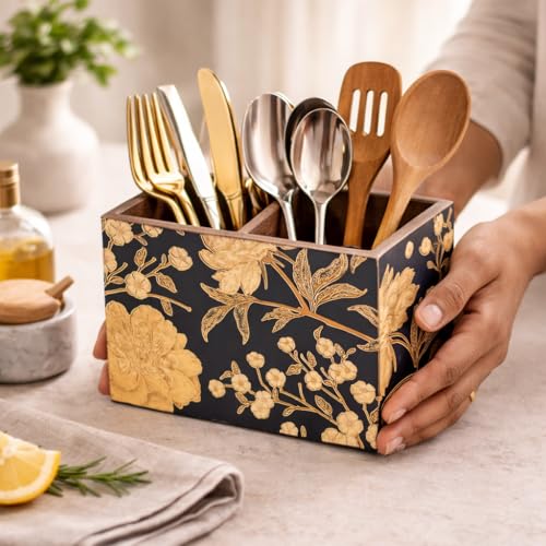 Image of Wooden Cutlery Holder with 2 Sections | Black Floral Design Spoon Stand | Cutlery stand for dining table & Kitchen | Chammach Stand| Cutlery holder for dining table(10 x 16 x 12 cm)