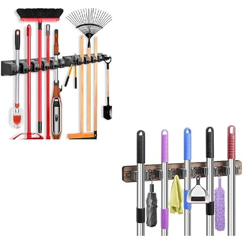 IMILLET 2 Pack Plastic Pack Broom Holder & 1 Pack Wood Broom Holder Cover