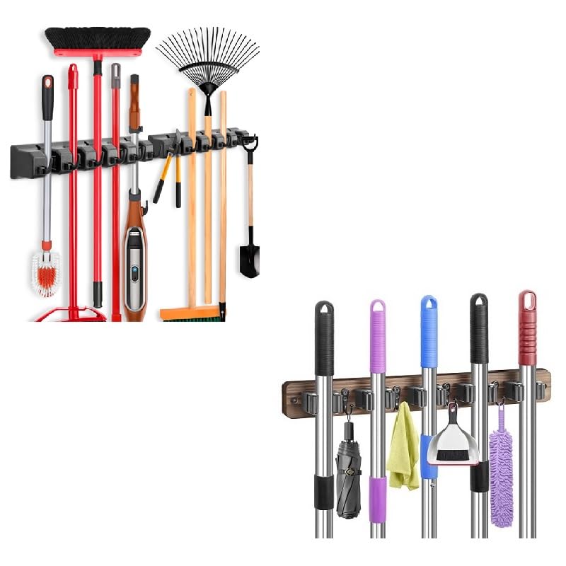 IMILLET 2 Pack Plastic Pack Broom Holder & 1 Pack Wood Broom Holder