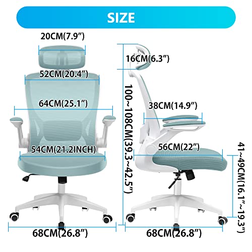Kerdom Ergonomic Office Chair, Breathable Mesh Desk Chair, Lumbar Support Computer Chair With Headrest And Flip-Up Arms, Swivel Task Chair, Adjustable Height Gaming Chair, Lightblue #TOP4