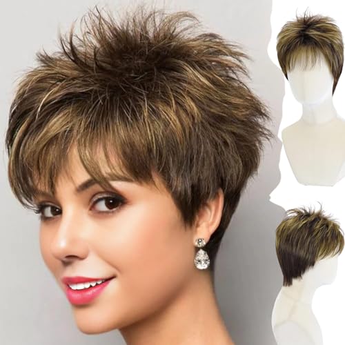 WIGYY Short Pixie Wig for White Women Medium Golden Brown Curly Synthetic Wig with Bangs Glueless Heat-Resistant Protein Fiber Natural Look New Cap Design for Daily Use