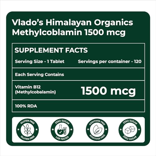 Image of Vlado's Himalayan Organics Vitamin B12 Tablets 1500 mcg -Active form of Methylcobalamin Vitamin B12 Supplements for Men & Women- 120 Veg Tablets (4 Months Supply Pack)