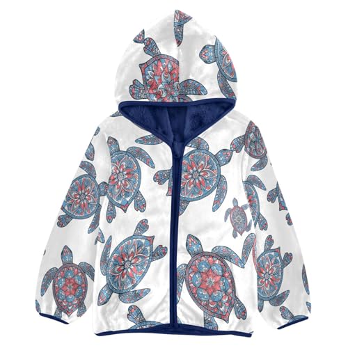 Turtle Pattern Print Design Toddler Fleece Jacket Girl Boys Hooded Fleece Jacket Coat Warm Outwear Zip-up 3-10T