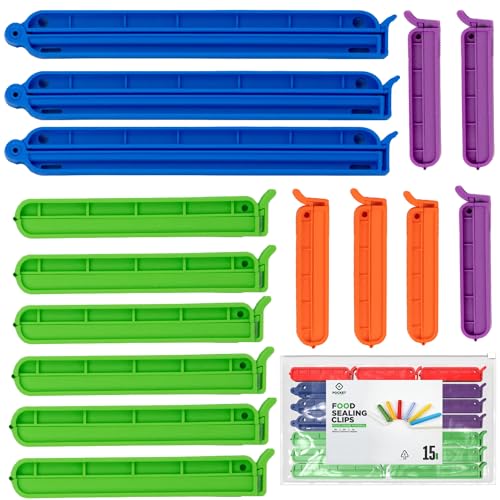 Heavy Duty Bag Clips Pack of 15 Thick Strong Food Bag Sealing Clips Reinforced Hinge 3 Sizes Airtight Kitchen Bag Sealers for Snacks Bread Coffee & Freezer Storage