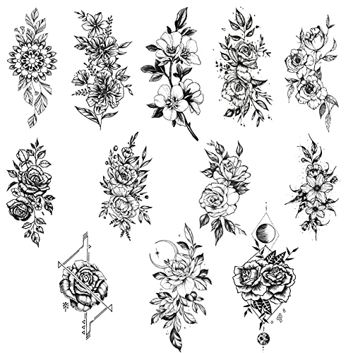 12 Feuilles Tatouage Temporaire Fleurs De Croquis Noir, Fleur Tattoos Temporaires Autocollants Tatouages Sexy pour Femmes et Filles