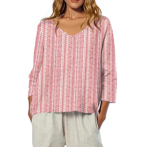 Summer Tops for Women V Neck 3/4 Length Sleeve Tops Cute Fall Linen Floral Print Shirts Western 3/4 Sleeve Blouses