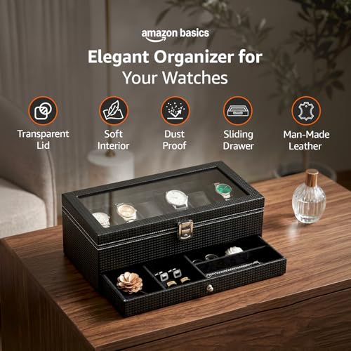 Image of Amazon Basics Sliding Drawer 6-Slot Watch and Jewelry Organizer - Faux Leather & MDF Storage Box for Men and Women, Black