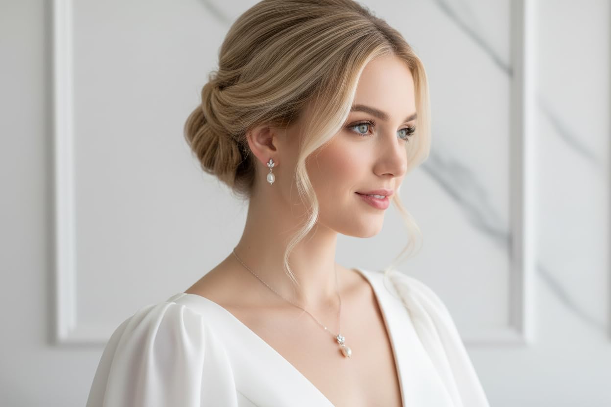 Silber Perlen Schmuckset 3-teilig Halskette Ohrringe Armband Zirkonia Strass Brautschmuck Hochzeit Kommunion Abiball