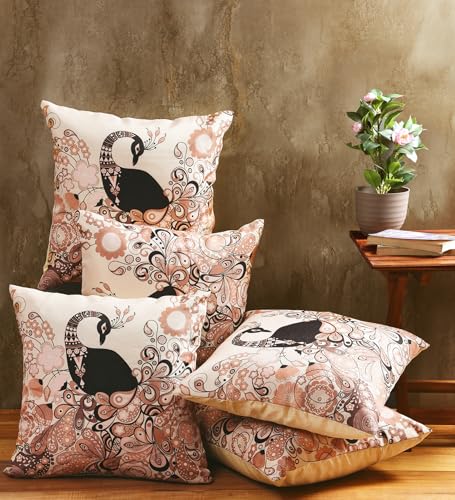 Image of ROMEE Peacock Beige Printed Jute Cushion /Pillow Covers for Sofa Pack of 5 (16 X 16 Inches)