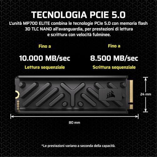 CORSAIR MP700 ELITE 1TB PCIe 5.0 x4 NVMe M.2 SSD – Dissipatore in Alluminio Incluso – Fino a 10,000MB/sec – Alta Densità 3D TLC NAND – M.2 2280 - Compatibile con DirectStorage – Nero - Hdd - Immagine 2