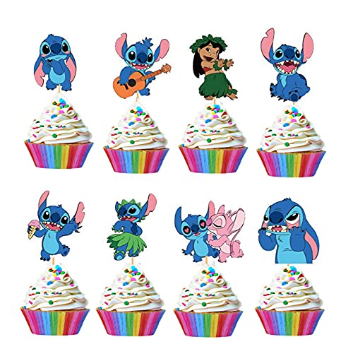 21Pcs Blue Cartoon Pet Cupcake Toppers For Lilo & Stitch Party -Hawaiian Tropical Summer Sea Beach Cupcake Toppers For Boys Girls Birthday Party #TOP1