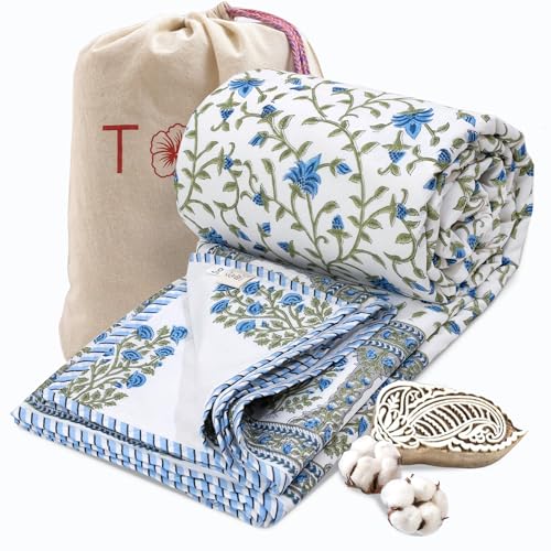 Image of TOAIArt Premium Jaipuri Dohar | AC Blanket Summer Quilt | Hand Block Printed | 3 Layers | Reversible | 150GSM 100% Mulmul Cotton | 100% Cotton Flannel Filling | King 108 inch X 90 inch |White Blue Florals