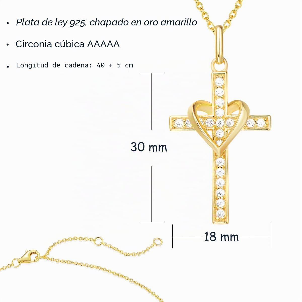 FANCIME Collar de plata de ley 925 bañado en oro amarillo con forma de corazón y circonita cúbica, Joyería Fina Regalo para Mujeres - Longitud de la cadena: 40 + 5 cm