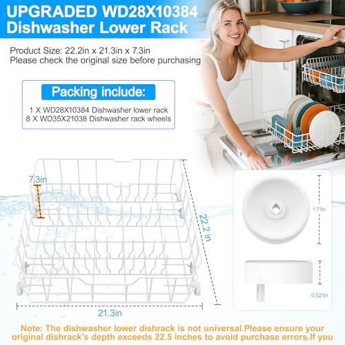 Image of UPGRADED WD28X10384 Lower Rack for GE Dishwasher Rack Replacement Parts,WD28X10384 WD28X10309 WD28X10166 WD28X10165 GLD5660N00SS GLD4560R00SS General Electric GE Dishwasher Bottom Rack Part with Wheel
