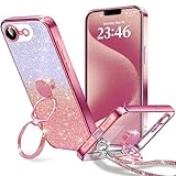 KAJICOO iPhone 16e/ 第4代 SE4 用 ケース ダブルリング付き グリッターカード&リストストラップ 16e カバー 軽量薄型 キラキラ デザイン可愛い おしゃれ 女子向け レンズ保護 iPhone se4 スマホケース - ローズゴールド