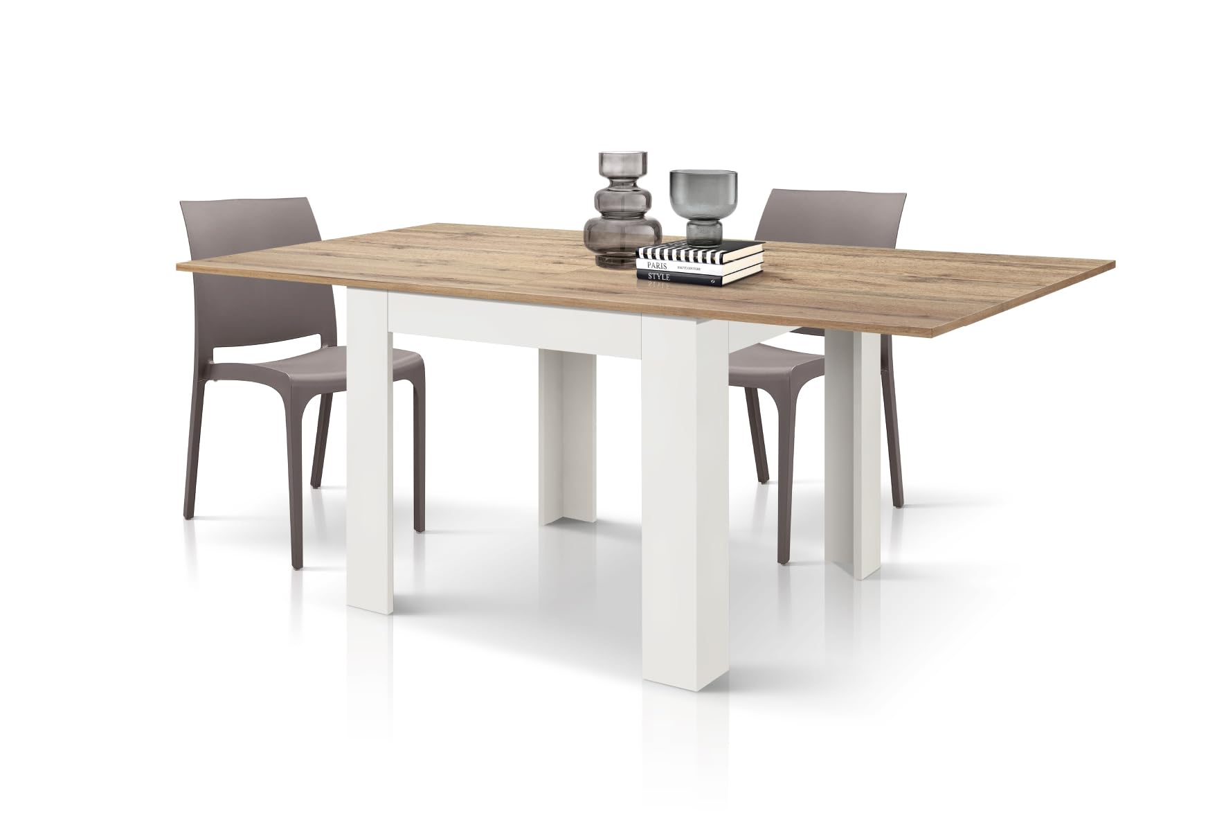 PAZZO DESIGN Tavolo Allungabile Marta, Piano Rovere Rustica, Gambe Bianche, Cucina, Soggiorno, Made in Italy, 90 x 90 x H79 cm - id_1992