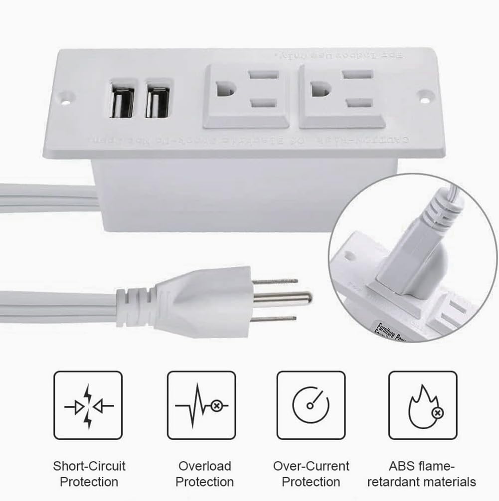 Furniture Recessed Power Strip, Power Outlets, Desk Outlet with USB, Authoritative Certification with 2 AC Plugs, 2 USB Ports Connect with 6.56ft Power Cord (White)