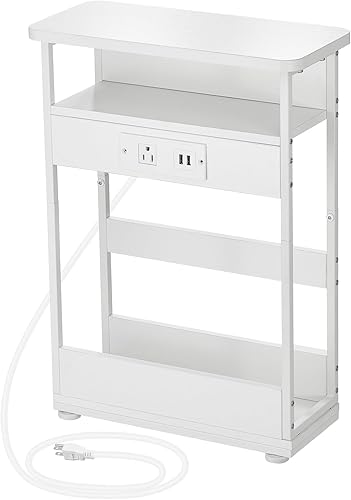 Miniatura 9 de Mesa auxiliar estrecha con estación de carga, mesa auxiliar de 3 niveles con 2 puertos USB y tomas de corriente, mesa auxiliar delgada para sofá