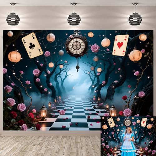 Wonderland Enchanted Forest Backdrop Floral Wonderland Tea Party Checkerboard Photography Background for Kids Baby Shower Halloween Birthday Party Decorations Banner Photo Props