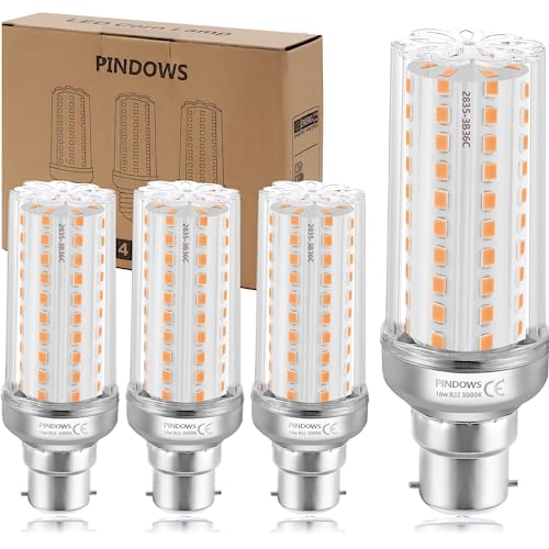 PINDOWS 16W LED Corn Bulbs B22, 3000K Warm White, High Bright 1900LM, Replace 120W~150W Incandescent, CRI 80+, Non-Dimmable, 4-Pack