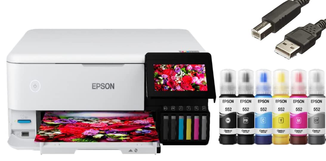 EpsonEcoTank Photo ET-8500 All-in-One Wireless Color Supertank Printer with Scanner and Copier - Print Scan Copy Fax- Auto 2-Sided Printing - White-Bundle with Ahaghug Printer Cable.