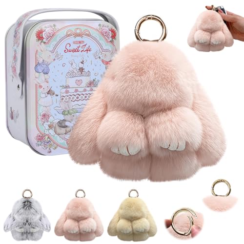 Lucift Bunny Keychain with Box Bunny Keychain with Tin Bun-ny Handmade Soft for Christmas Gifts Bags and Keys(Pink)
