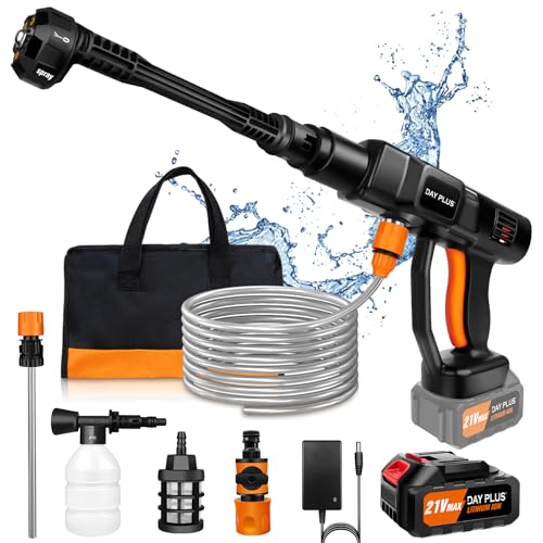 Akku Hochdruckreiniger, 21V 45 Bar/652 PSI Akku-Waschanlage, tragbarer Hochdruckreiniger mit 3.0Ah Akku, 6-in-1 verstellbare Düse, 5 Meter Schlauch, Auto/Boden/Gartenreinigung und Bewässerungsfunktion