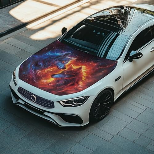 Image of Renewold Car Hood Cover Protector, Red Blue Flame Wolf Print, Hood Covers for Cars, Vehicle Hood Wrap Blanket, Women Men Automotive Exterior Accessories, Auto Decor for Outdoor Indoor