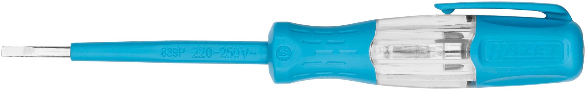 HAZET Tester fazy VDE 839P, 220–250 V, ostrze szczelinowe 0,5 x 3 mm, izolowany uchwyt z tworzywa sztucznego, z klipsem, do testowania napięcia elektrycznego