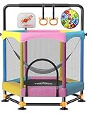 60' Trampoline for Kids, Twinkoo 5FT Fortified Toddler Trampolines with Anti-Rollover Bottom, Indoor/Outdoor Toddler Trampoline with Safety Enclosure, Adjustable Gymnastics Bars, Basketball Hoop