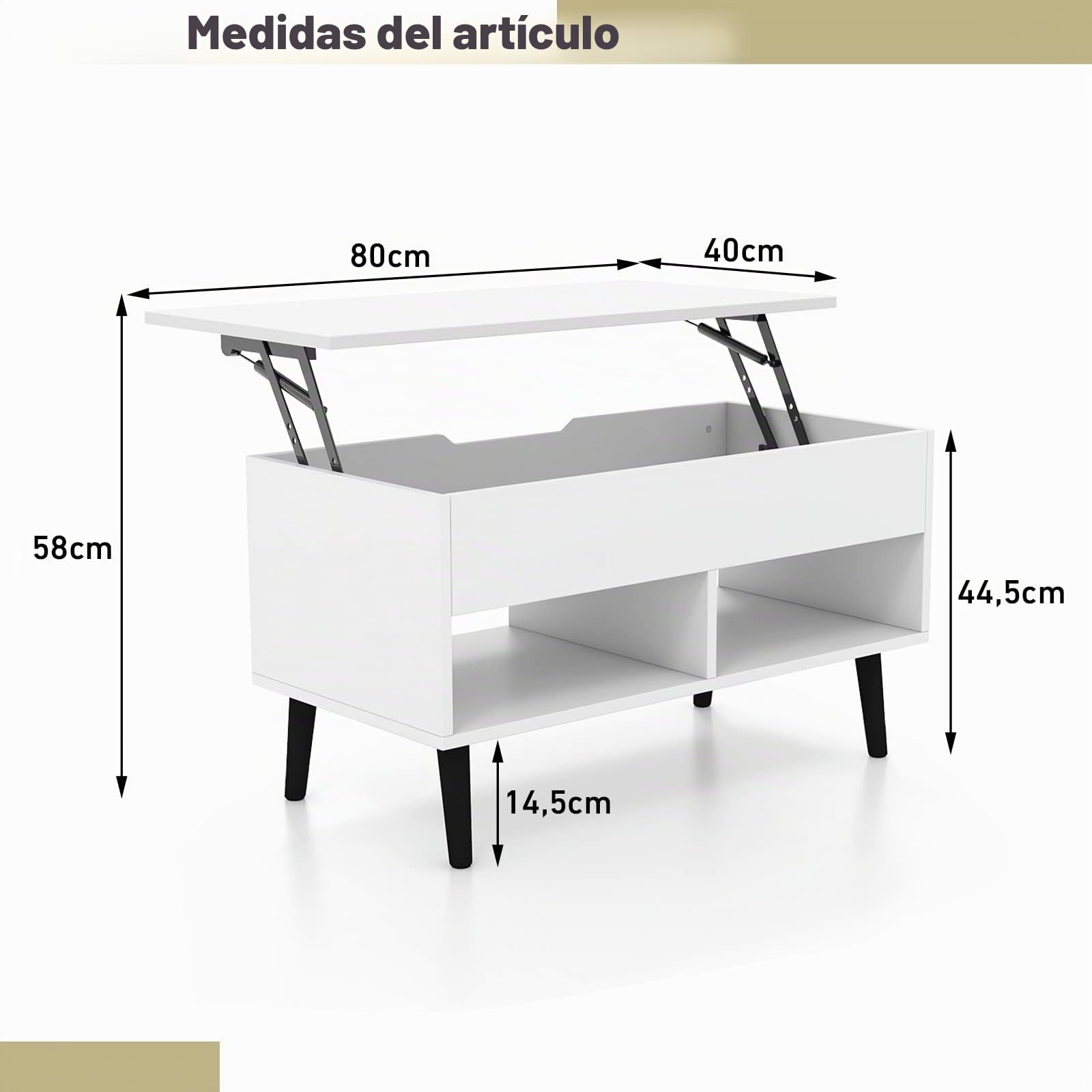 GOPLUS Mesa Baja elevable para Bar de Gas con Bandeja elevable, Mesa Baja con 1 Compartimento Oculto y 2 estantes Abiertos, Patas de Madera para salón, Dormitorio (Blanco)