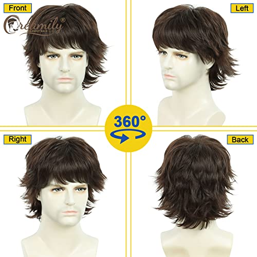 Image of Creamily Short Curly Hair Big Wig for Man,Brown Natural Cosplay for Men,Realistic Man Hair Wig,Layered Fluffy Wolf Cut Wigs (Brown, 10inches)