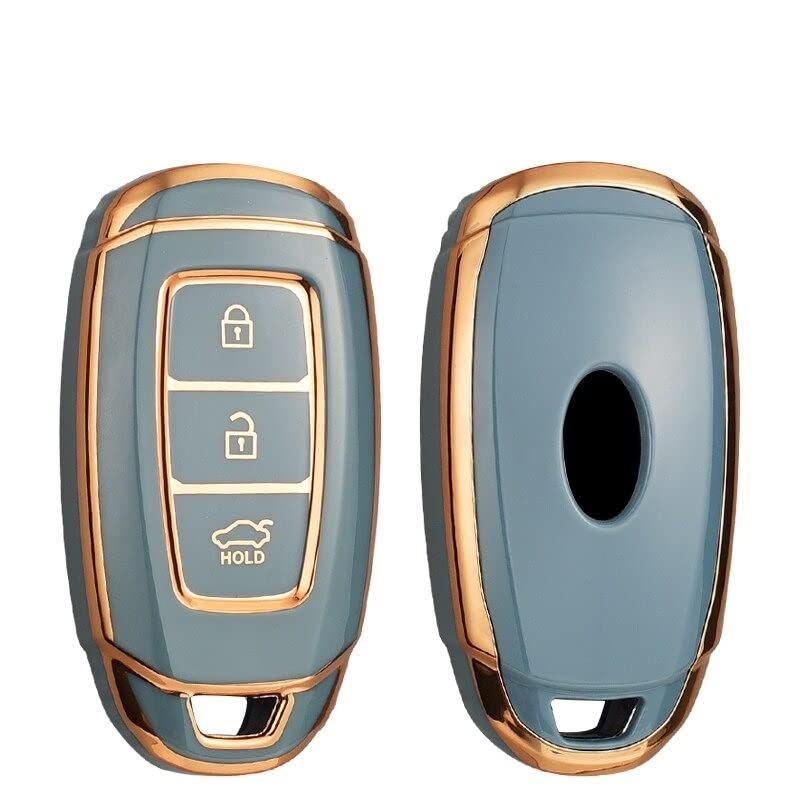 Image of JVCV Gold Border TPU Key Cover Compatible with Hyundai Verna Push Button Start Car Key - Glossy Protective Smart Key Case (Grey)