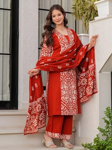 Image of Amayra Woman's Pure Cotton Straight Kurta Sets with Palazzos & Dupatta|Kurti Set for Woman|Suit Set for Women Cotton