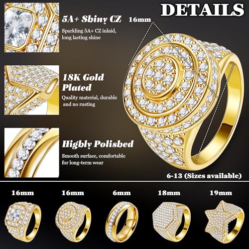 REVOLIA 5Pcs 18K Gold Plated Iced Out Rings Simulated Diamond Bling Pinky Rings for Men Big Star Hip Hop Ring Square CZ Punky Rapper Rings Set Size 6-133
