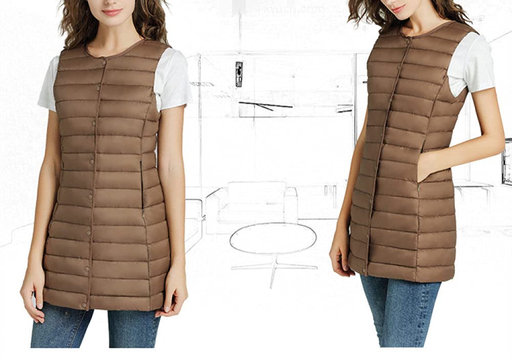 Doudoune sans Manche Femme, Doudoune Femme Marron Slim Mi-Longue Léger Matelassé sans Manches Bouton Bouffant Gilet Rembourré Bodywarmer Manteau pour l'hiver Quotidien Sports De Plein Air
