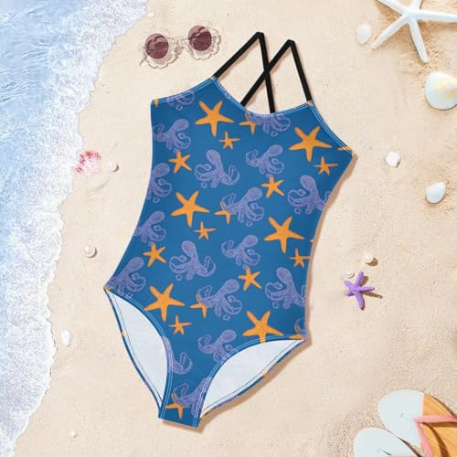 Octopus Starfish Pattern Girls One Piece Swimsuits Summer Quick Dry Beach Bathing Suit3