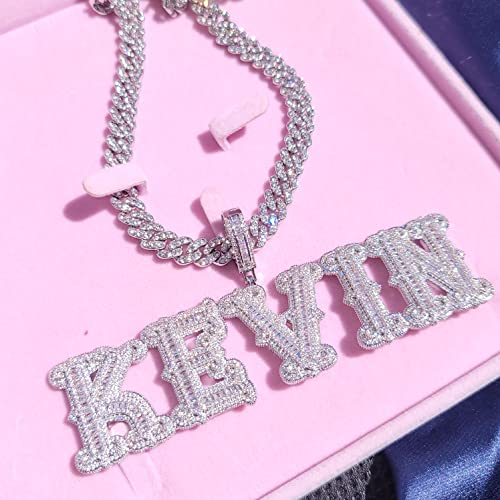 Hip Hop Custom Big Baguettes Letters Name Necklace With 9mm Cuban Link Chain VVS Clarity Cubic Zirconia Iced Out Personalized Name Pendants Charm Jewelry for Women Men4