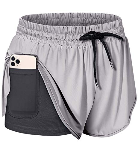 BLEVONH Womens Athletic Shorts,Mid Rise Double Layers Workout Gym Athletic Short with Pockets Womens Comfy Classy Sexy Short Pants Adults Dry Fast Training Hot Yoga Clothes Grey M