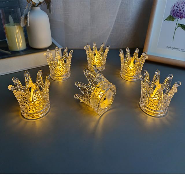 Image of One94Store 3 pcs Set Crown Shaped Flameless and Smokeless Decorative Candles Transparent Acrylic Led Tea Light Candle for Christmas, Festival,Candles (3 Pieces, Yellow, 5 cm) 3 pc Set