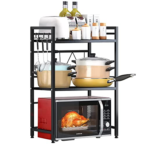 NETEL Support Extensible pour Four à Micro-Ondes à Charge Lourde, Support d'étagère de Cuisine pour Four à Micro-Ondes à Hauteur réglable avec 3 Crochets Suspendus Organisateur de Rangement (3-Tier)