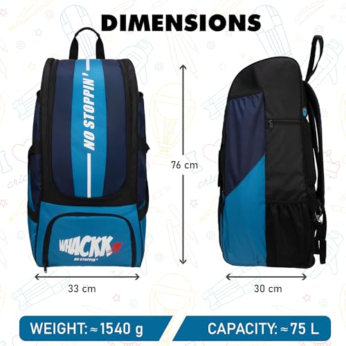 Image of WHACKK Gayle Backpack Duffle Trolley Wheelie Cricket Kit Bag Adult Size 2 Bat Pocket Shoe /Helmet Pkt Main Compartment 18 inch Leg Pad 2 Bottle Holder Player Edition (Aqua Blue)