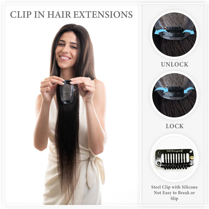 Image of Hair Originals 100% Human Hair Extensions for Women, Clip in Scalp Topper /Hair Topper, Silk Based- (5 inchx3 inch, 16 Inches, Natural Brown)
