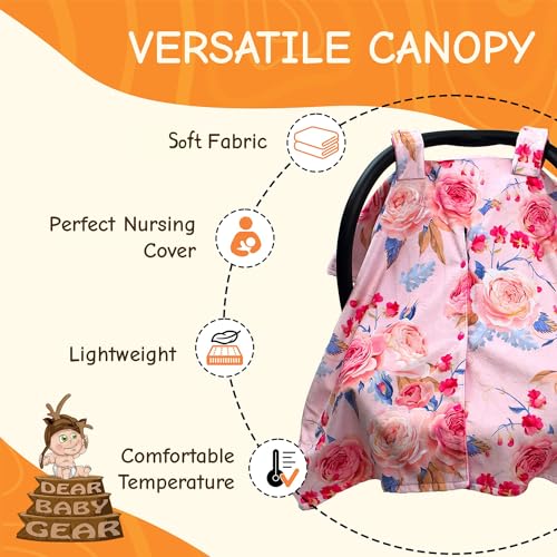 Image of Dear Baby Gear Floral Baby Car Seat Canopy with Snap Button Opening - Newborn & Toddler Carseat Cover - Nursing Covers - Infant Chair Essentials (Vintage Roses Blue Accents /Hot Pink, 40 inch x 30 inch)