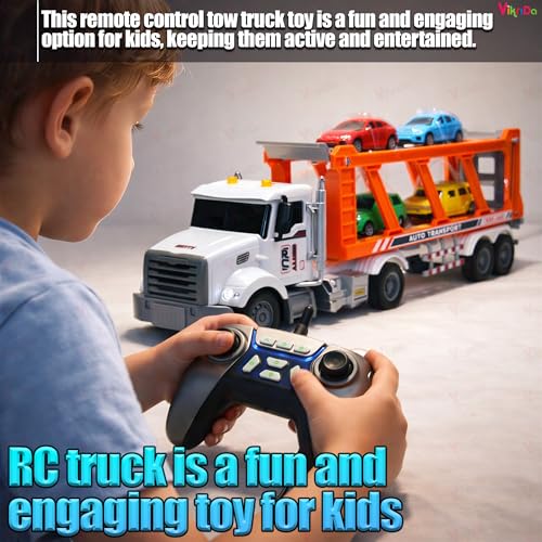 Image of VikriDA RC Transporter Truck Toy with 4 Mini Cars - 14 inch Remote Control Semi Trailer, Lights & 2 Rechargeable Batteries, Fun Carrier Truck for Kids