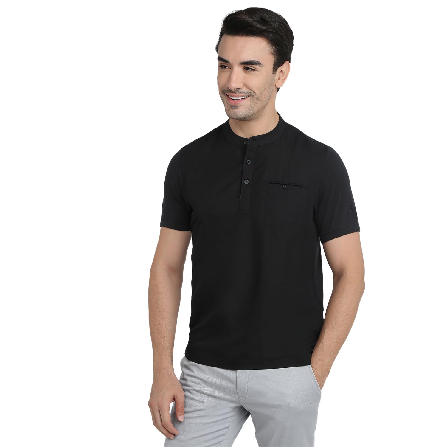 parx Men Regular Fit Solid Pattern Cotton Linen Blend Half Sleeve Henley Neck Casual T-Shirt-picture-29