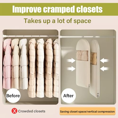 Space Saving Hanging Garment Bag with Self Compression Zipper, Dust Cover Clothes Bags for Down Coat, Winter Coat Storage(Beige,3*XL)2